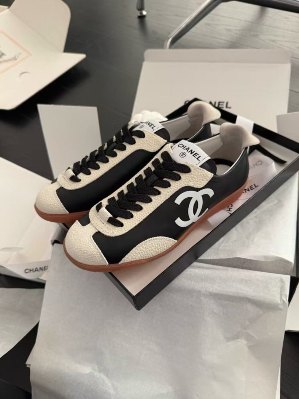 Chanel CC Logo Black & White Retro Trainer Sneakers